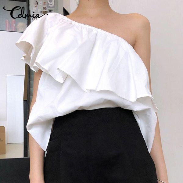 

women's blouses & shirts celmia women ruffles white summer one shoulder fashion casual loose sleeveless party ol blusas mujer