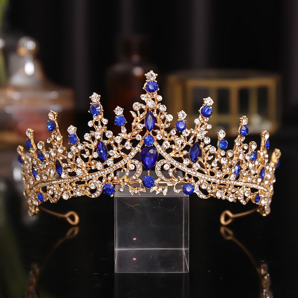 

blue luxury hair accessory crystal rhinestone crown tiaras headband bride headdress wedding hair jewelry headpeice for womendio chan contact, Golden;white