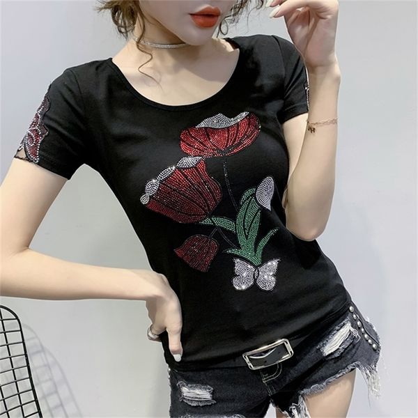 

summer fashion korean clothes t-shirt lotus diamonds cotton women ropa mujer short sleeve back tees new t04512 210315, White
