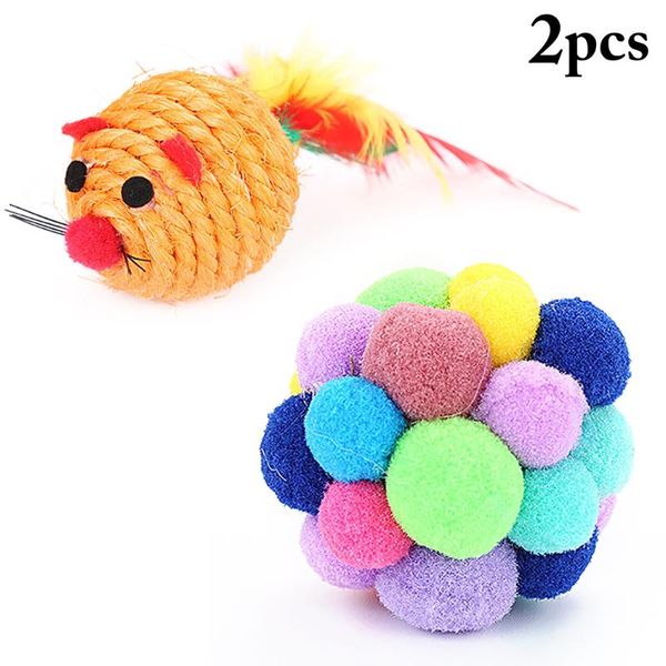 

cat toys 2pcs ball toy bell faux feather sisal mice chew funny favor interactive