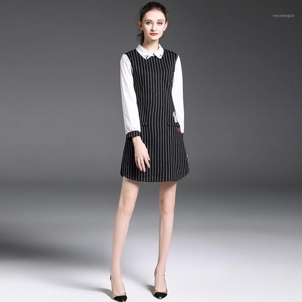 

casual dresses women outfit vertical stripes leisure chiffon long sleeve dress european fashion lady vestidos party clothing s-xl, Black;gray