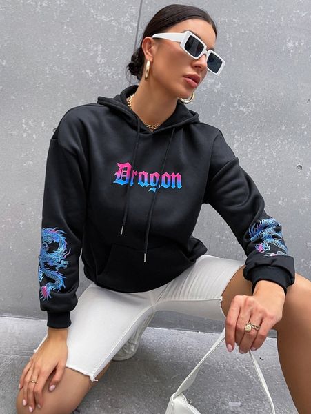 

letter & dragon print drawstring detail kangaroo pocket hoodie m0hw#, White;black