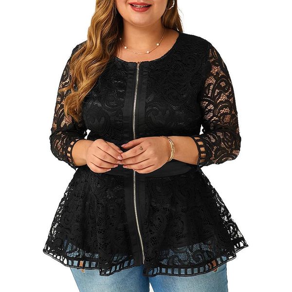 

6xl plus size lace patchwork blouse women spring loong sleeve shirts hollow out laides elegant slim blouses blusas lace d30, White