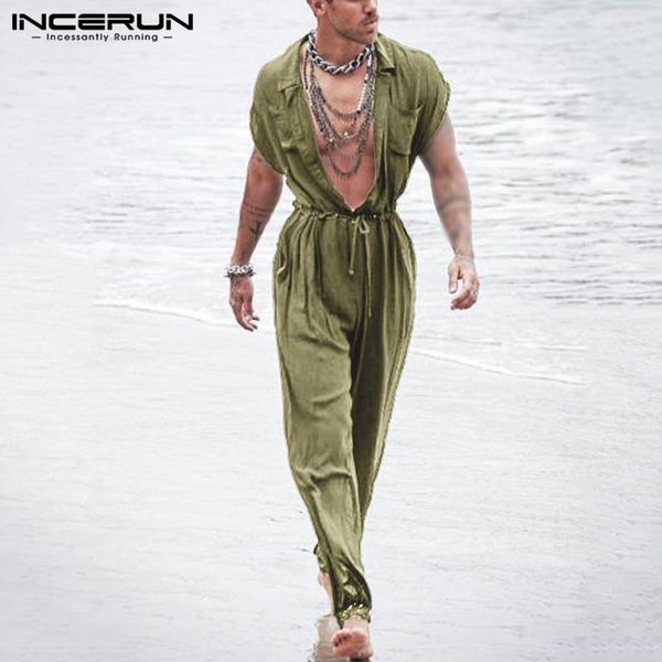 

incerun summer men casual jumpsuits solid shortsleeve streetwear thin rompers loose breathable button men cargo overalls s-5xl, Black