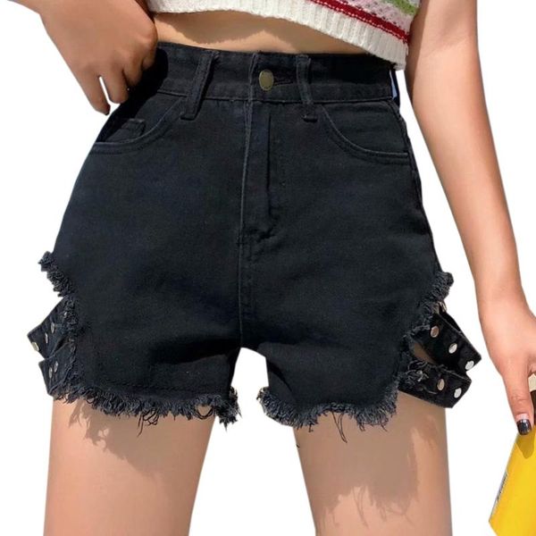 

women's shorts summer loose wide leg high waist denim jeans ripped hem, White;black
