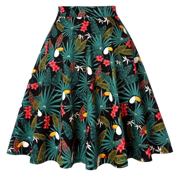 

skirts 2021 toucan palm flower women flare vintage retro skirt floral school jupe femme womens plus size black