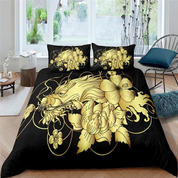 

bedding sets luxury 3d golden dragon print 2/3pcs kid set comfortable duvet cover pillowcase home textile single  and king size