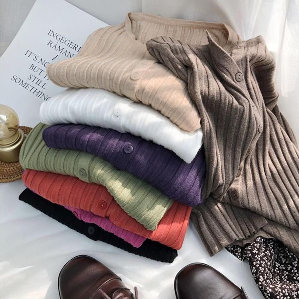 

women's knits & tees korean long sleeve knitted cardigan for women v-neck solid color button slim jacket 2021 fashion crop female clot, White