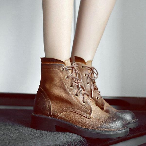 

boots zawsthia genuine natural cow brushed leather winter autumn goth punk lace-up women motorcyle combat woman ankle, Black