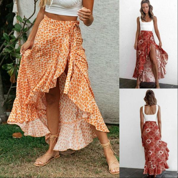 

womens floral high waist ruffled long skirt split boho beach wrap skirts drop shipping good quality, Black