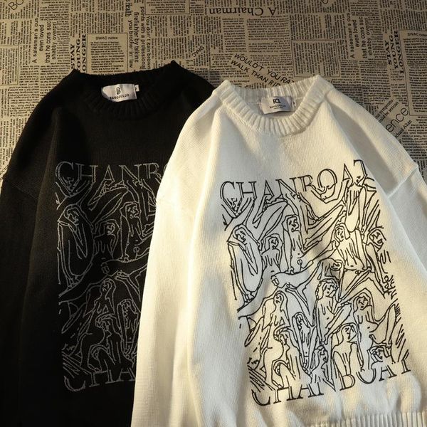

women's sweaters deeptown streetwear printed knitted sweater women punk hiphop vintage round neck oversize long sleeve jumper autumn wi, White;black