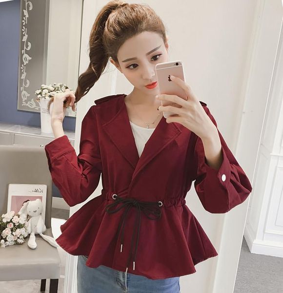 

women's trench coats autumn women coat ruffles lantern lt turn-down collar full sleeve collect waist is brief paragraph 6882, Tan;black