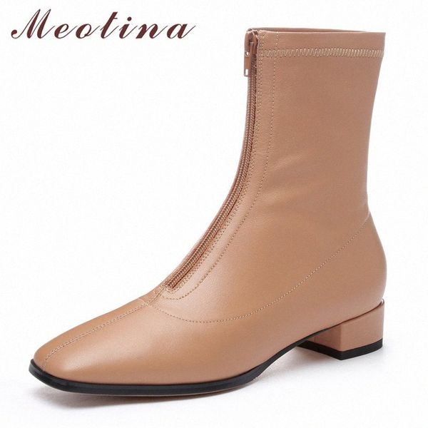 

meotina winter ankle boots women natural genuine leather block heels short boots zipper square toe shoes lady autumn size 34 39 mens l j7oo#, Black