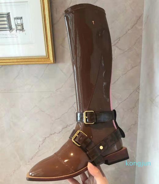 

designer- low heels round toe high boots for women fashion patent leather shoes flat heel woman back zip stretch boot knee-high, Black