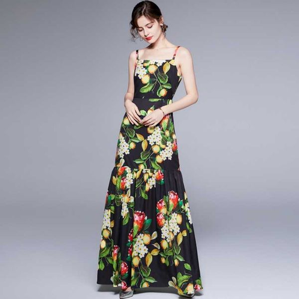 

summer fashion runway spaghetti strap dres floral print sleeveless elegant bodycon holiday long maxi 210531, Black;gray