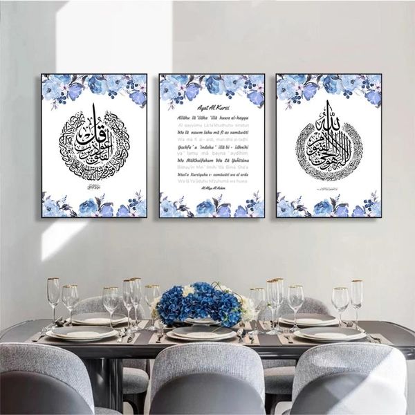 

paintings modern blue floral border poster islamic calligraphy canvas painting muslim print wall art pictures living room home decoration