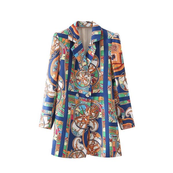 

women's suits & blazers willshela women fashion printed double breasted blazer vintage long sleeves notched neck female suit veste femm, White;black