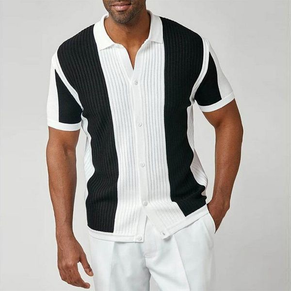

men's casual shirts summer mens fashion buttoned lapel streetwear vintage patchwork knitted shirt for men 2021 loose short sleeve, White;black