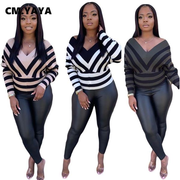 

cm.yaya women autumn winter striped v-neck long sleeve pullover batwing sweatshirt, Black