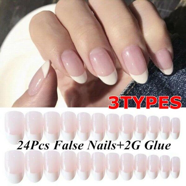

false nails 24pcs french nail tips natural light pink fake art tool with glue, Red;gold