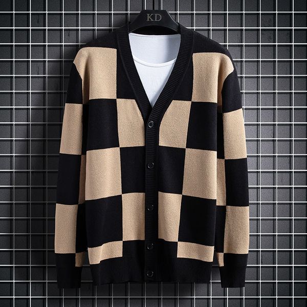 

knit sweater 2021 autumn winter long sleeve plaid men's korean v-neck ted cardigan, White;black