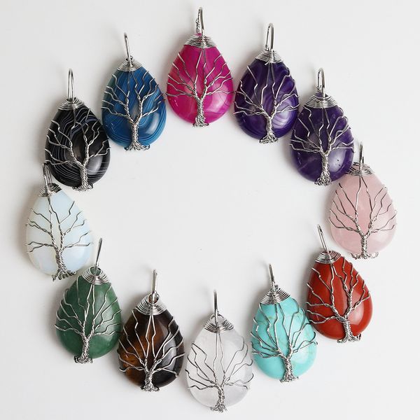 

natural stone healing crystal tree of life charms waterdrop pendants rose quartz silver copper wire wrapped trendy jewelry making necklaces