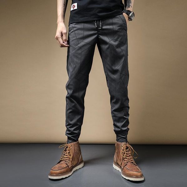 

men's pants fashion casual men gray geometric pattern trousers streetwear sport elastic waist drawstring joggers, Black