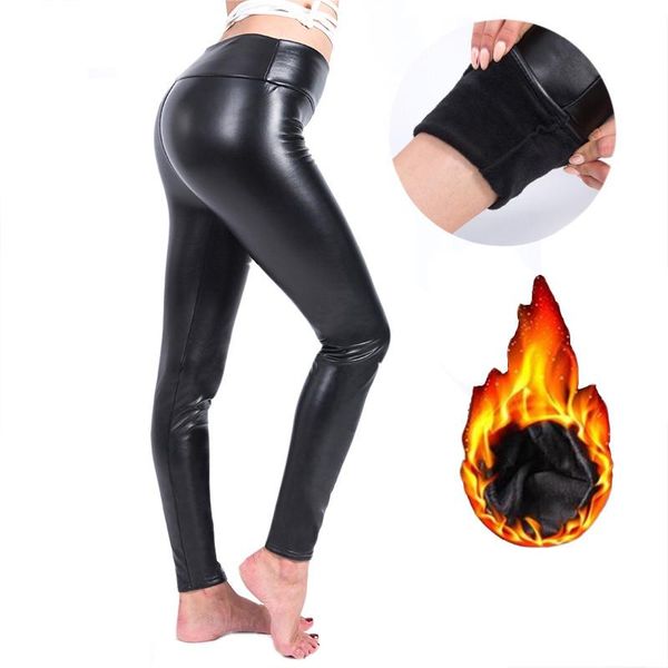 

women's pants & capris high elastic waist leggings not crack slim leather thick warm fleece trousers, Black;white
