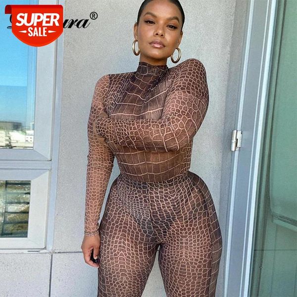 

dulzura snake print women mesh two piece bodysuit and leggings set sheer see through long sleeve bodycon autumn winter club #fe4d, White