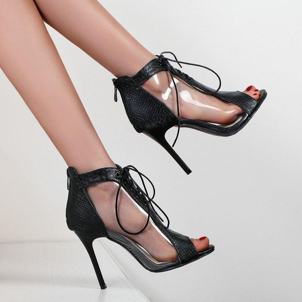 

sandals black orang green women fashion zipper transparent thin high heel snake print cross tied summer lady shoes