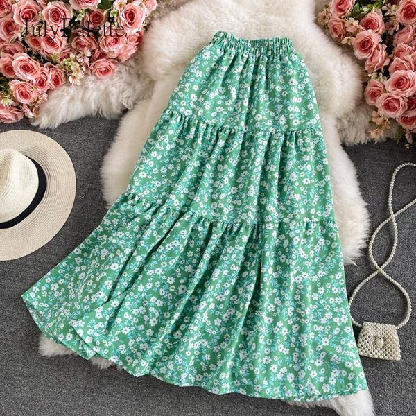 

skirts julypalette bohemia floral beach 2021 summer women's printed elastic high waist a-line holiday maxi female, Black