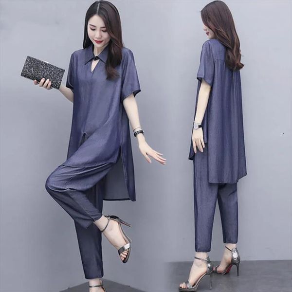 

casual set plus size womenpant  3xl suit summer short sleeve loose long and elegant 2 piece femme, White