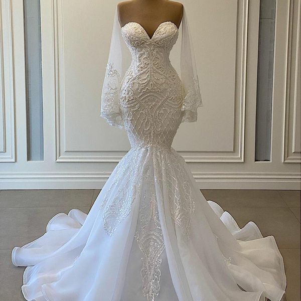 Eleganti abiti da sposa a sirena bianca a maniche lunghe Abiti da sposa Perline Applique in pizzo Abito da matrimonio arabo nigeriano Robe De Mariee