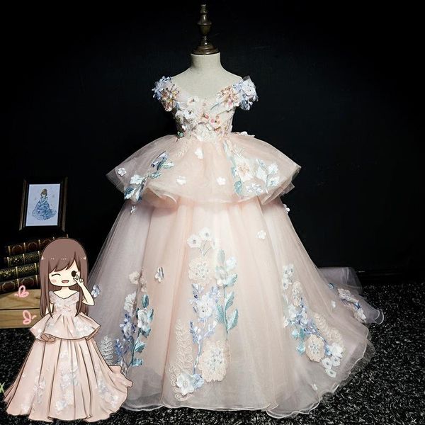 

ethnic clothing pink baby girl piano performance dresses exquisite pearl appliques tailing mesh sweet v-neck skirt evening prom gown, Red
