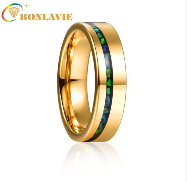 

wedding rings 6mm electric gold polished inlaid green opal tungsten carbide ring men's fashion jewelry gift, Slivery;golden