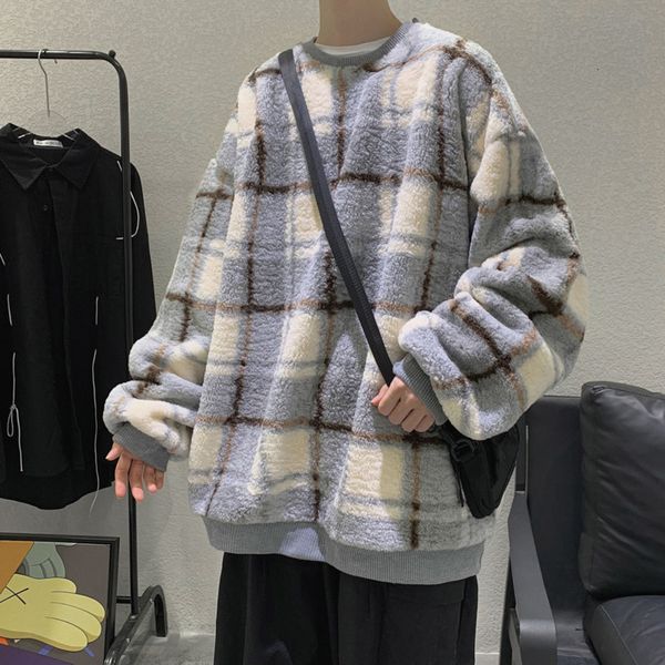 

2021 new winter thick plaid hoodie men's warm casual fashion korean lamb wool sweatshirt men harajuku streetwear pullover hoodies mens, Black