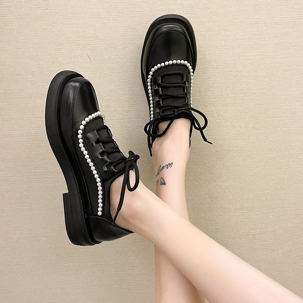 

fashion pearl pu leather shoes women spring 2021 round toe low heel pumps woman black lace up mary janes shoes ladiesdress shoes