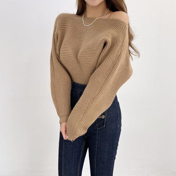 

women's sweaters superaen 2021 autumn fashionable short solid cross slash neck backless casual full wool sweater top, White;black