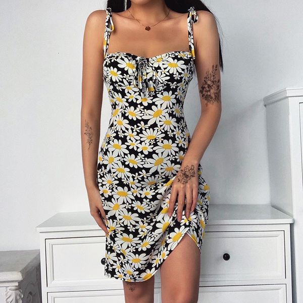 

new summer spaghetti strap daisy floral print casual women 2021 knee length sleeveless sun c04 fpco, Black;gray