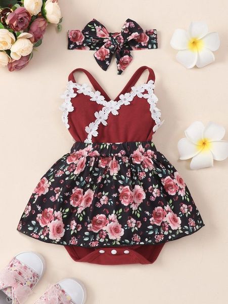 

baby floral print guipure lace appliques combo bodysuit dress with headband she, Red;yellow