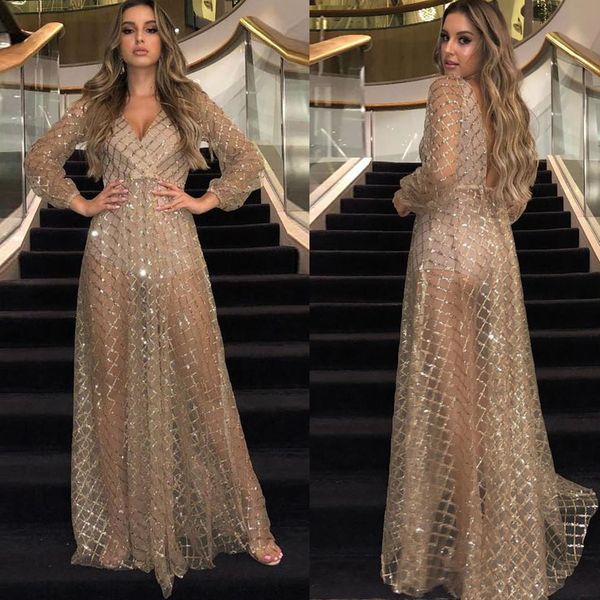 Sparkly pailletten gold Abendkleider mit tiefen V-Ausschnitt Falten Lange Ärmel Mermaid-Abschlussballkleid Dubai Afrikanische Partykleid Runway Sogar Kleid