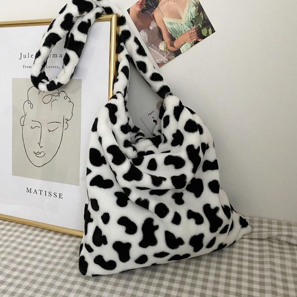 

evening bags large capacity cow pattern plush women shoulder bag trend luxury designer brand crossbody messenger animal prints purses sac