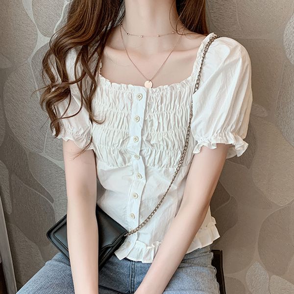

vintage sweet turtleneck lace up to 2021 nice solid chic retro smooth embroidered bubble short sleeve shirts 4jl7, White