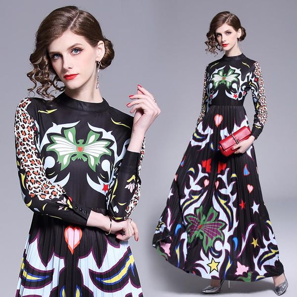 

casual dresses 2021 women's dress fashion stand-up collar high waist pleated abstract leopard print long women, Black;gray
