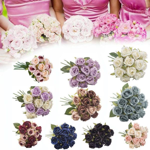 

12heads/1 bundle silk roses artificial flowers bride bouquet christmas home wedding party new year decoration fake plants
