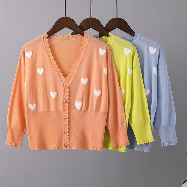 

women's t-shirt ice silk knitted cardigan summer 2021 short v-neck loose thin love air-conditioned shirt trendy sold, White