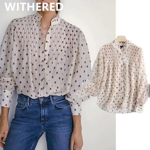 

women's blouses & shirts dave&di england style fashion polka dot office lady casual loose pleated blouse women blusas mujer de moda 202, White