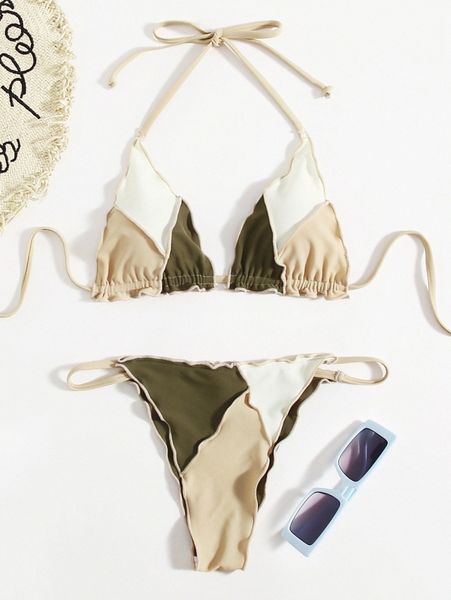 

patchwork lettuce trim halter bikini swimsuit i0kd#, White;black