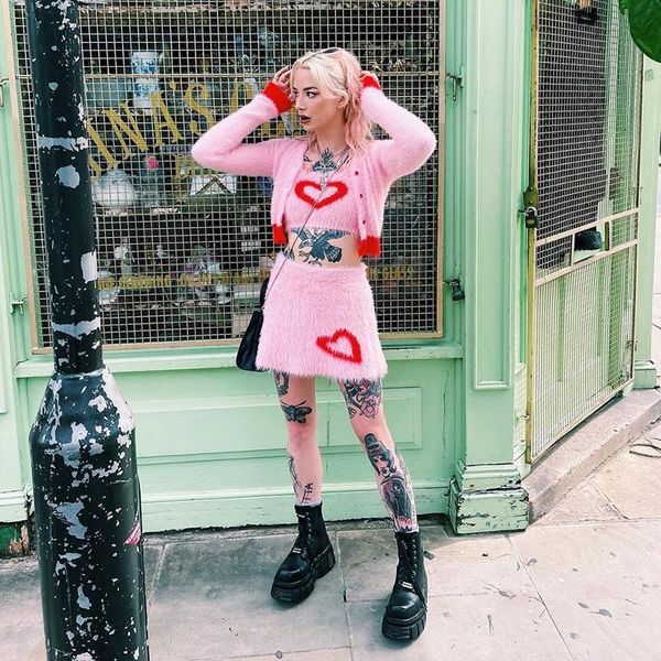 

women's sweaters soft knitted fluff heart graphic autumn sweet office lady matching suit 3-piece sets women slim camisole+jacket+skirt, White;black