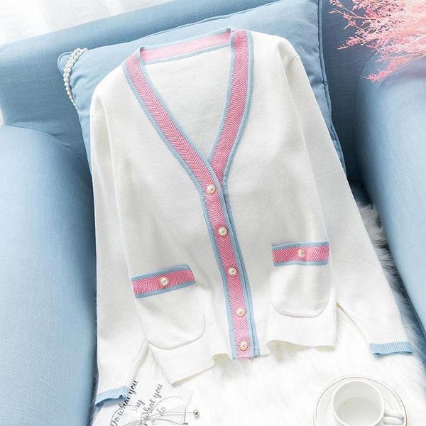 

women's knits & tees 2021 spring korean v-neck candy color patchwork cardigan women elegant pearls buttons sweater modis white arrival
